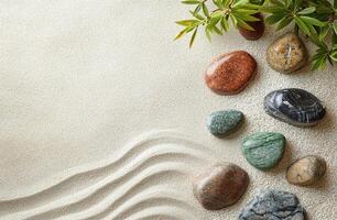 Zen Garden Sand Background With Smooth Colorful Stones And Green Branches For Relaxation And Meditation photo