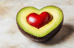 Closeup of Half Avocado with Heart Shaped Seed on Light Textured Background for Healthy Food Concepts photo