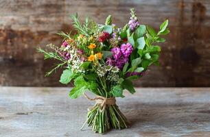 Vibrant Rustic Wildflower Bouquet with Greenery on Wooden Table and Rustic Wooden Background photo