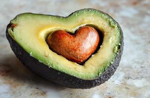 Half Ripe Avocado With Heart Shaped Seed On Marble Surface For Healthy Eating Concepts photo