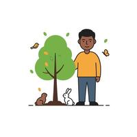 A man standing next to a tree with a rabbit and birds vector