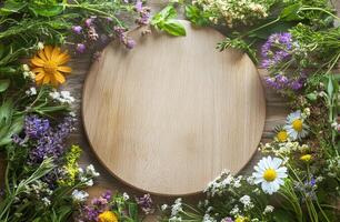 Wooden Round Board Surrounded by Colorful Spring Flowers and Green Herbs on Rustic Wooden Table photo