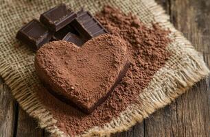 Heart Shaped Cocoa Dust Coated Chocolate On Burlap With Wooden Rustic Background For Dessert Concepts photo