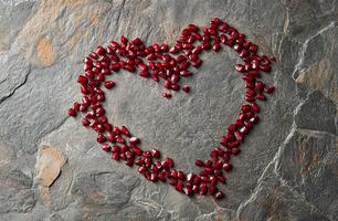Heart Shape Made with Red Pomegranate Seeds on Rustic Gray Stone Background for Love Symbolism photo