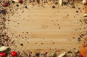 Assorted Spices and Seasonings on Bamboo Wooden Background with Empty Center for Copyspace photo