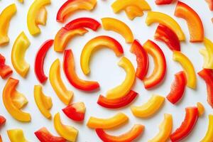 Sliced Red Yellow Bell Peppers Arranged in Circular Pattern on White Background for Food Concept photo
