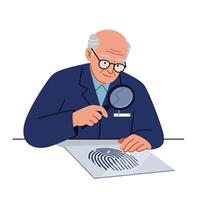 An old man in a suit looking at a fingerprint vector