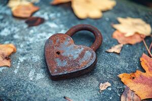 Rusty Heart Shaped Lock on Weathered Stone with Autumn Leaves in Outdoor Setting photo