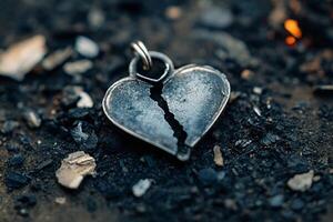 Broken Metallic Heart Pendant on Dark Burnt Charcoal Background Symbolizing Heartbreak and Sadness photo