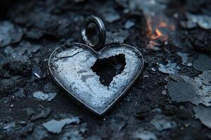 Burnt Metallic Heart Pendant with Jagged Edges on Charred Ash Background Representing Heartbreak and Resilience photo