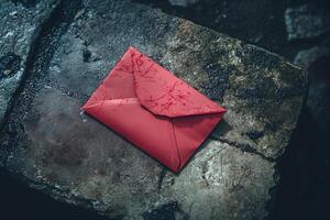 Red Envelope with Blood Stains on Wet Stone Surface in Dark Mysterious Urban Setting photo