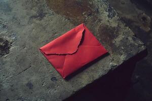 Red Paper Envelope on Rustic Textured Stone Table with Moody Lighting for Communication or Message Concept photo