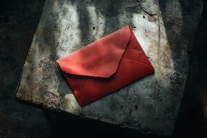 Red Envelope On Rustic Stone Surface With Dramatic Shadows Highlighting Texture And Contrast photo