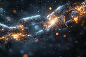 Closeup of Glowing Metal Chain Links with Fire Sparks on Dark Blurry Background Representing Strength and Unity photo