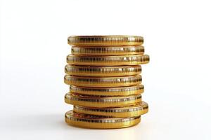 Stack of Shiny Golden Coins on White Background Representing Wealth Finance and Savings Concept photo