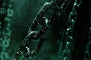 Closeup of Heavy Metal Chain Links in Dark Green Misty Background with Digital Binary Code and Rain photo