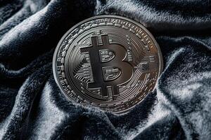 Closeup of Silver Bitcoin Cryptocurrency Coin on Luxurious Dark Grey Velvet Background for Digital Finance Concepts photo
