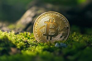 Gold Bitcoin Cryptocurrency Coin on Green Moss with Natural Background Representing Digital Finance photo