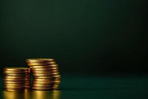 Stacked Gold Coins Displayed on Dark Green Background Representing Wealth and Financial Growth photo