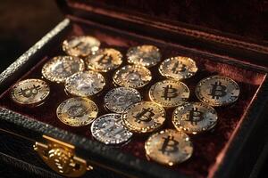 Golden And Silver Bitcoin Cryptocurrency Coins Displayed In An Elegant Velvet Box In Soft Lighting photo