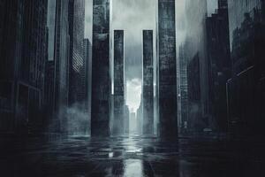 Dystopian Dark Urban Cityscape with Tall Pillars Reflecting on Rainy Wet Street in Foggy Atmosphere photo