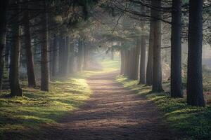 Serene Forest Path Lined with Tall Trees and Sunlight Filtering Through Misty Morning Atmosphere photo