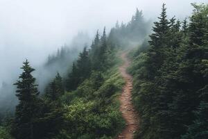 Misty Forest Path Winding Through Dense Green Pine Trees on a Quiet Mountain Slope in Cloudy Weather photo