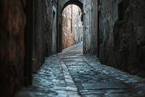 Narrow Stone Paved Alley With Archway And Aged Weathered Walls In Historic Old Town Setting photo
