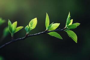 Closeup of Fresh Green Tree Branch with Bright Leaves and Soft Focus Natural Background photo