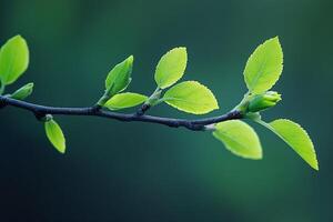 Closeup View of Fresh Green Leaves on Tree Branch with Blurred Green Background in Springtime Nature photo