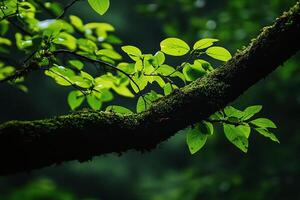 Close Up Of Moss Covered Tree Branch With Vibrant Green Leaves In Lush Forest On Moody Background photo