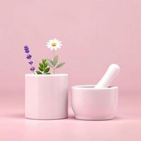 Mortar and pestle with flowers on pink background 3d rendering photo