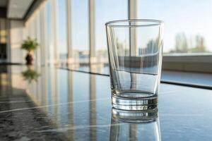 A glass of water sitting on a counter in front of a window photo