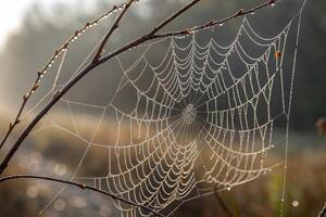 A spider web is covered with dew photo