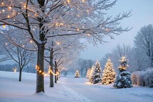 A snowy path with trees and lights photo