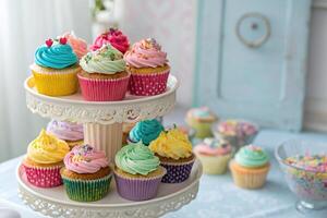 A three tiered cake stand with cupcakes on it photo