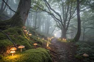 A path in the woods with mushrooms and lights photo