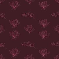 Seamless floral pattern with delicate line art magnolia flowers and branches on a dark burgundy background. Elegant botanical design, perfect for textiles, wallpapers, and wrapping paper vector
