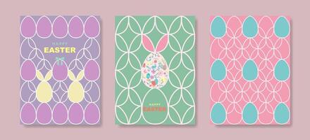 Set card of Happy Easter, Modern flat design pattern with eggs and bunnies, in pastel colors style. Festive springtime cover. illustration on colorful background with copy space vector