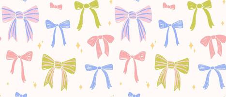 Seamless pattern with decorative ribbon bows and sparkles. Crayon texture. Hand drawn festive wallpaper in pastel shades. Cute and trendy design for fabric, background, gift wrapping, prints. vector