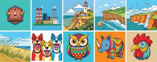Collection of Colorful Illustrations Featuring Animals Landscapes and Objects vector