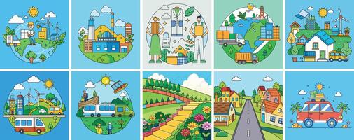 Collection of illustrations depicting various aspects of sustainable living and ecofriendly practices vector