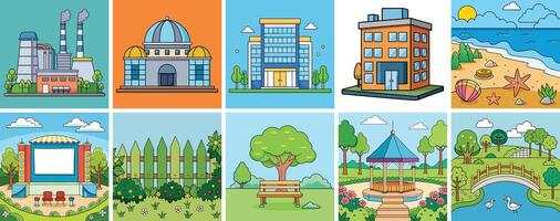 Collection of Colorful Illustrations Featuring Various Buildings Parks and a Beach Scene vector