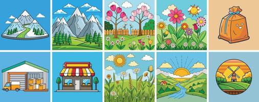 Collection of charming illustrations depicting various landscapes, nature scenes, and buildings vector