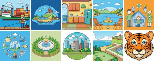 Collection of Diverse Colorful Illustrations Depicting Various Scenes of City Life Nature and Home vector