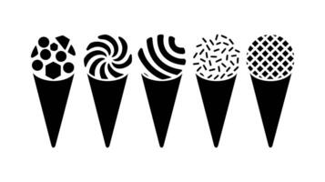 Black and White Ice Cream Cone Collection Classic Cones with Sprinkles, Swirls, and Patterns, Hand-Drawn Dessert Illustrations, Sweet Treat Designs vector
