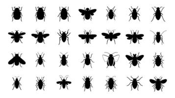 Set of Black Silhouettes of Various Insects Beetles, Flies, and Ants in Different Poses, Isolated Insect Illustrations, Entomology Clipart, Bug Icons, Design vector