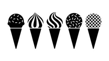 Black and White Ice Cream Cone Set with Different Designs, Classic Cones with Sprinkles, Swirls, and Patterns vector
