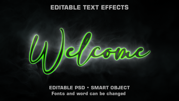 a neon-style glowing green Welcome text with a smoky background, labeled as an editable text effect with smart object support. psd