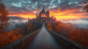 Majestic medieval castle on a hilltop, with a stone bridge and dramatic sky photo